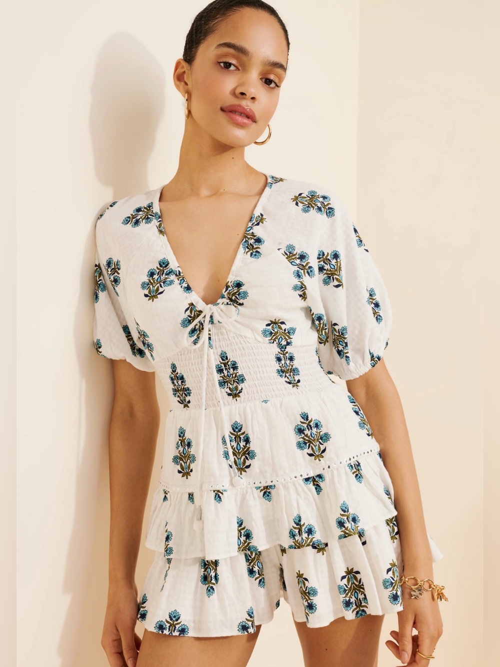Anthropologie Saylor Shannan Desert Romper in White and Blue Floral Size XL